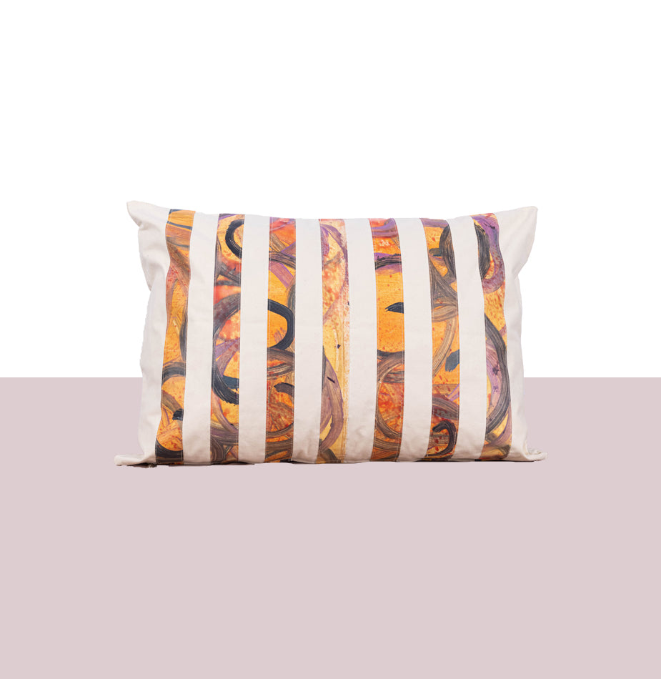 Large Hand painted striped canvas cushion in light orange - Fastoun