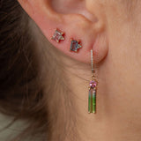 Bi-color baguette stone hoop earring with pink stone