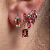 Stick earring with 3 diamonds and rectangle shape pink hue bicolor tourmaline