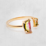 D shaped polished watermelon tourmaline and bicolor baguette ring