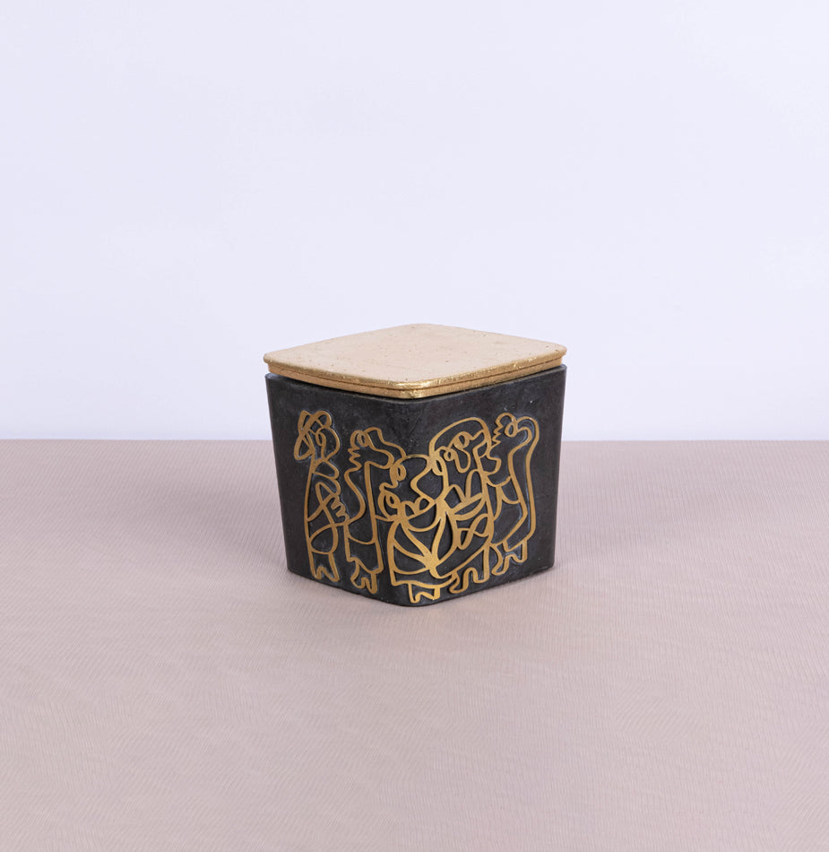 Large square black concrete box with graffiti in copper and gold leaf lid - Fastoun