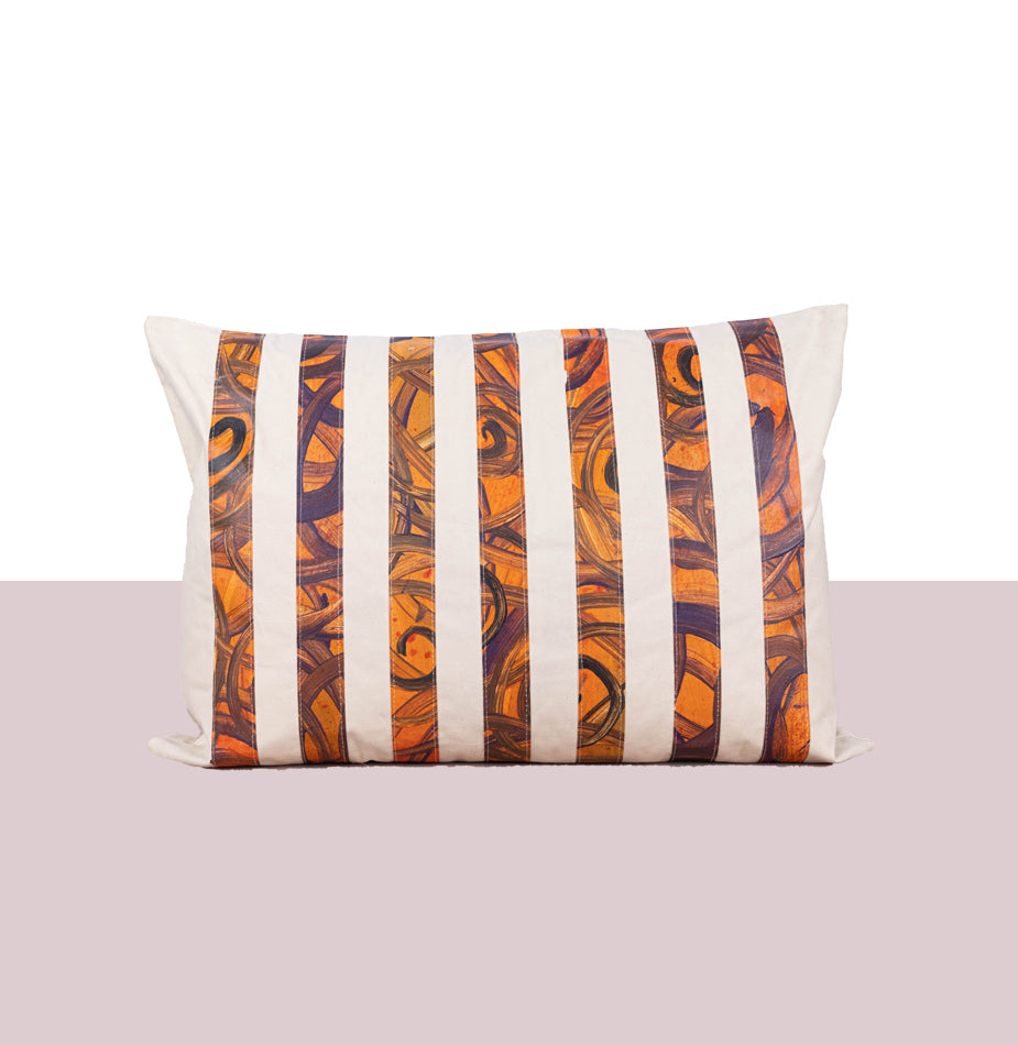 Large Hand painted striped canvas cushion in orange - Fastoun